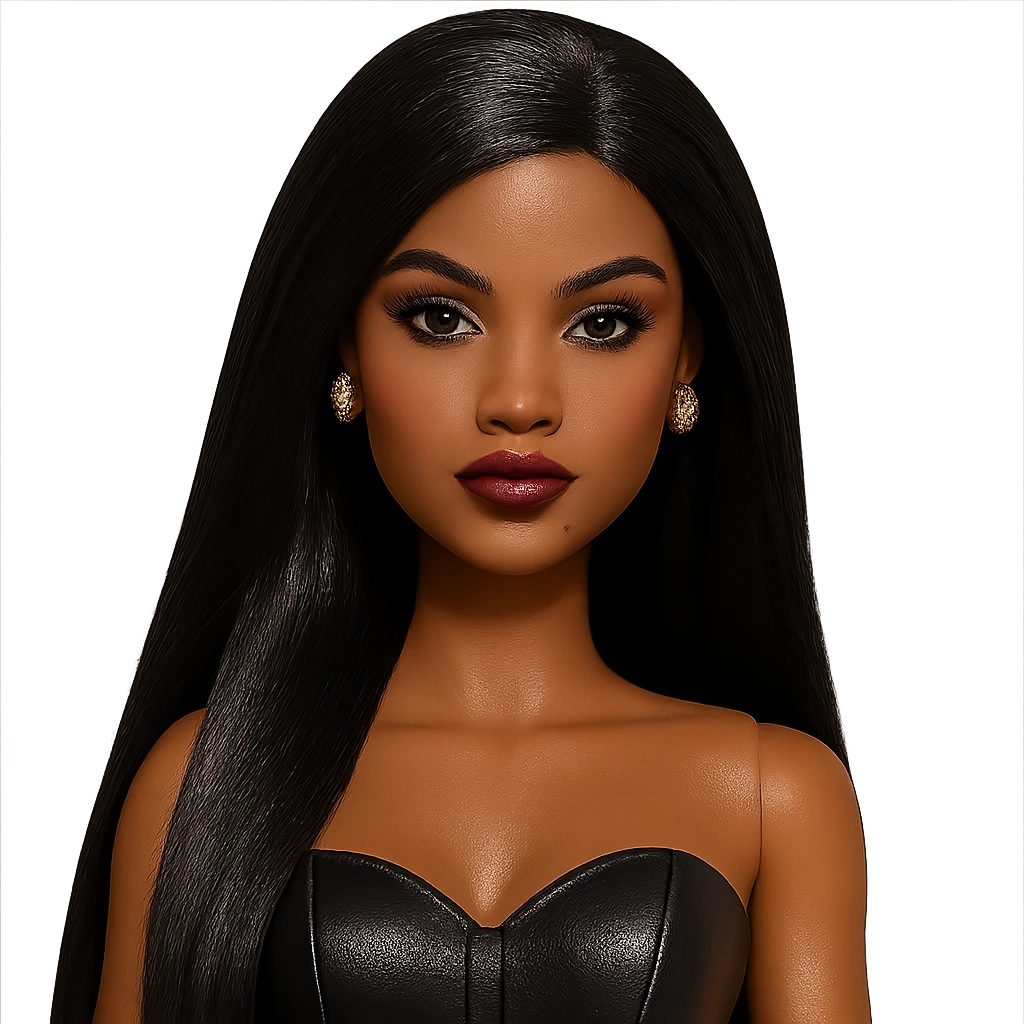 stylish Barbie doll baddie, straight black hair, brown skin, glamorous makeup, dark brown eyes, gold stud earrings emoji