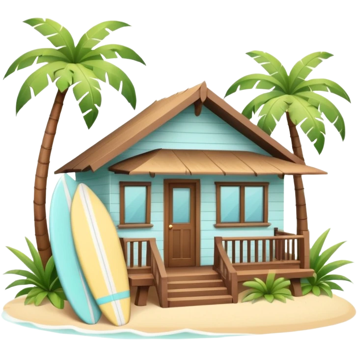 Hawaiian bungalow house, pastel colors, wooden porch, surfboard leaning on wall, palm leaves, tropical vibe, cute mobile game icon style, 3D cartoon, clean background, no text
 emoji