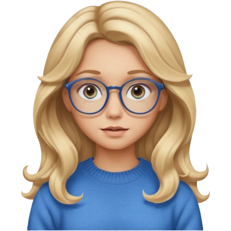 blonde girl with long dark blonde wavy hair, blue big eyes, pantos-style glasses, a brown sweater, sitting and looking in laptop, soft pastel, upper body shot emoji