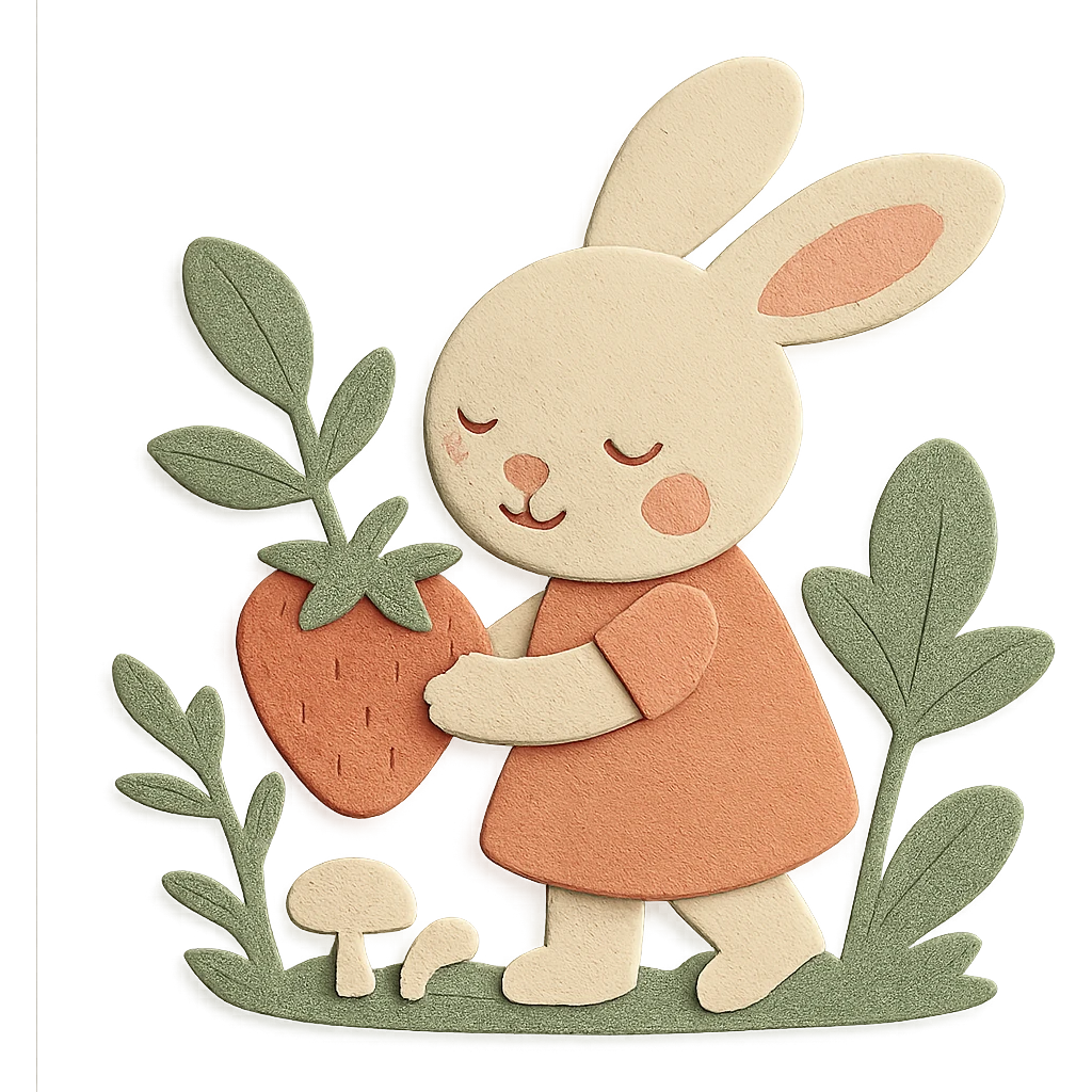 Keep the bunny picking strawberries in the woods with sweet pastel red and soft pastel colors in paper-craft style. Change the background to transparent while keeping all other design elements unchanged. emoji