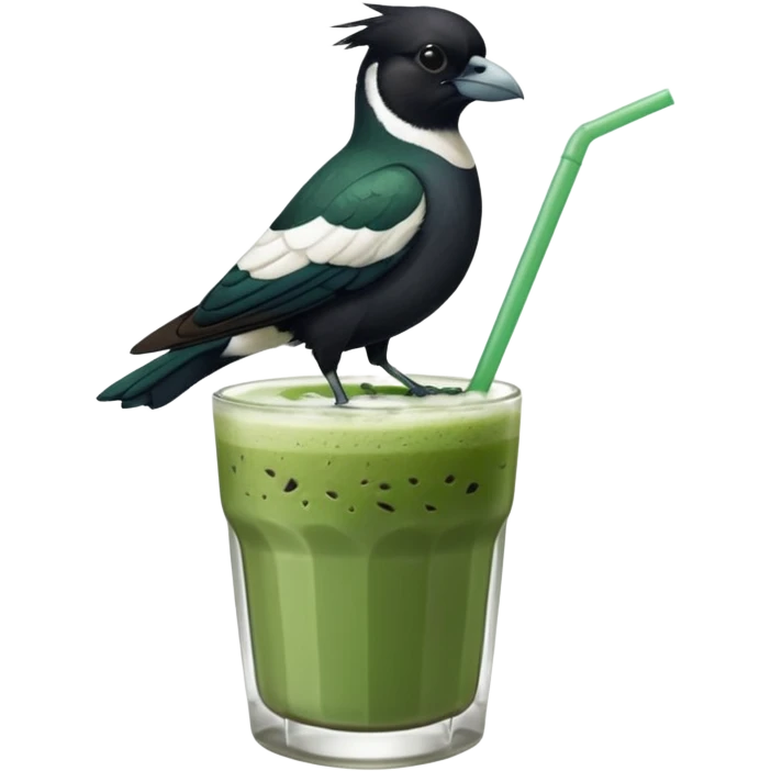 It’s an Australien Magpie sitting on an iced matcha latte on the edge of the glass. It has green matcha on its beak indicating it drank. The iced matxha latte is in a see through glass and white from the oat milk on the bottom and green on top…and there is a straw in the drink and ice cubes emoji