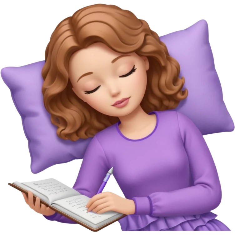 White Barbie girl Chestnut bob wavy hair sleeping with In lavender clothes, he writes in a notebook emoji