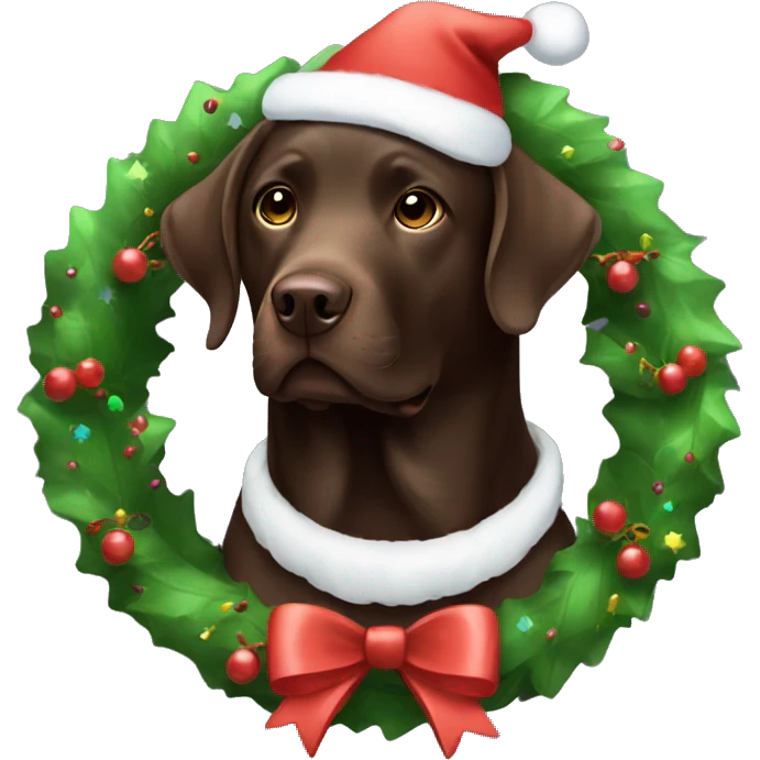Chocolate Labrador wearing Christmas wreath emoji