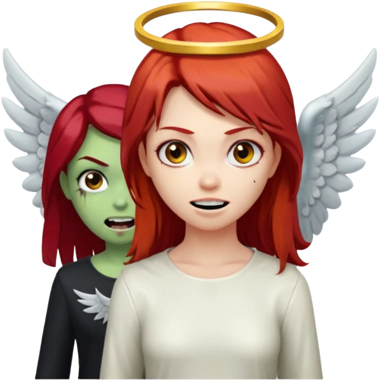 девушка ангел с нимбом и крыльями, с рыжими прямыми волосами по плечи, с улыбкой, стоит рядом с девушка зомби с темными длинными прямыми золосами, со злым выражением лица и ровными белыми зубами в стиле Apple avatar emoji