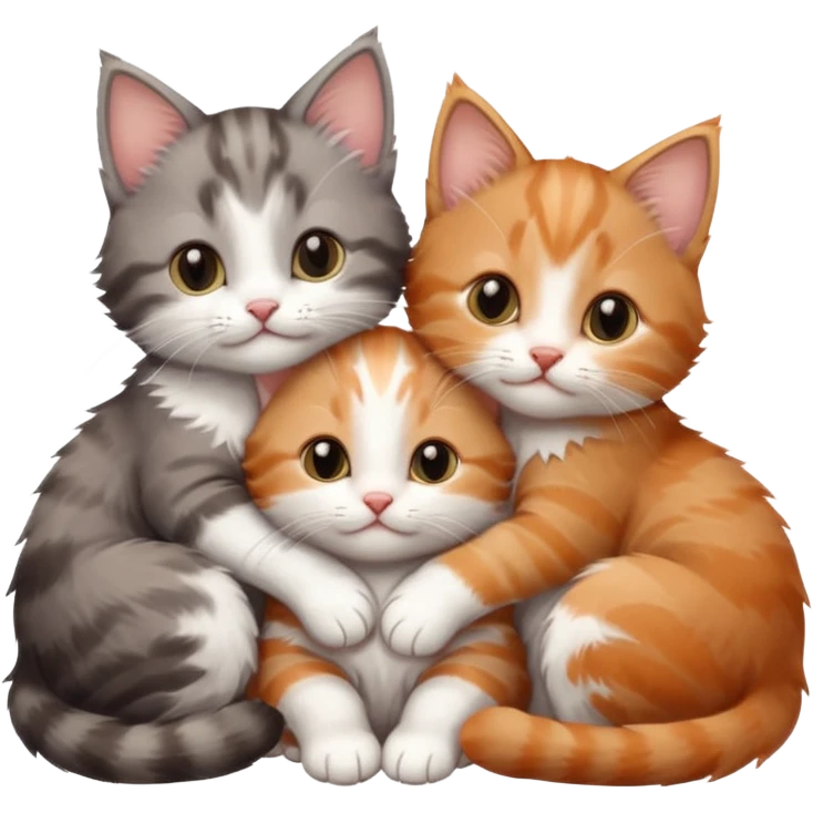 3 tiny kittens cuddling together all different colours, the first one is grey and white, the second is ginger and white and the third is brown tabby and white emoji