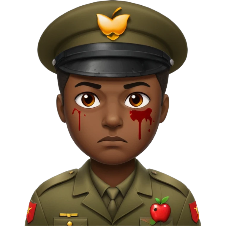 soldier with very dark melanated skin, scowling, blood splatter on left cheek, close-up face, Apple 2D emoji style emoji