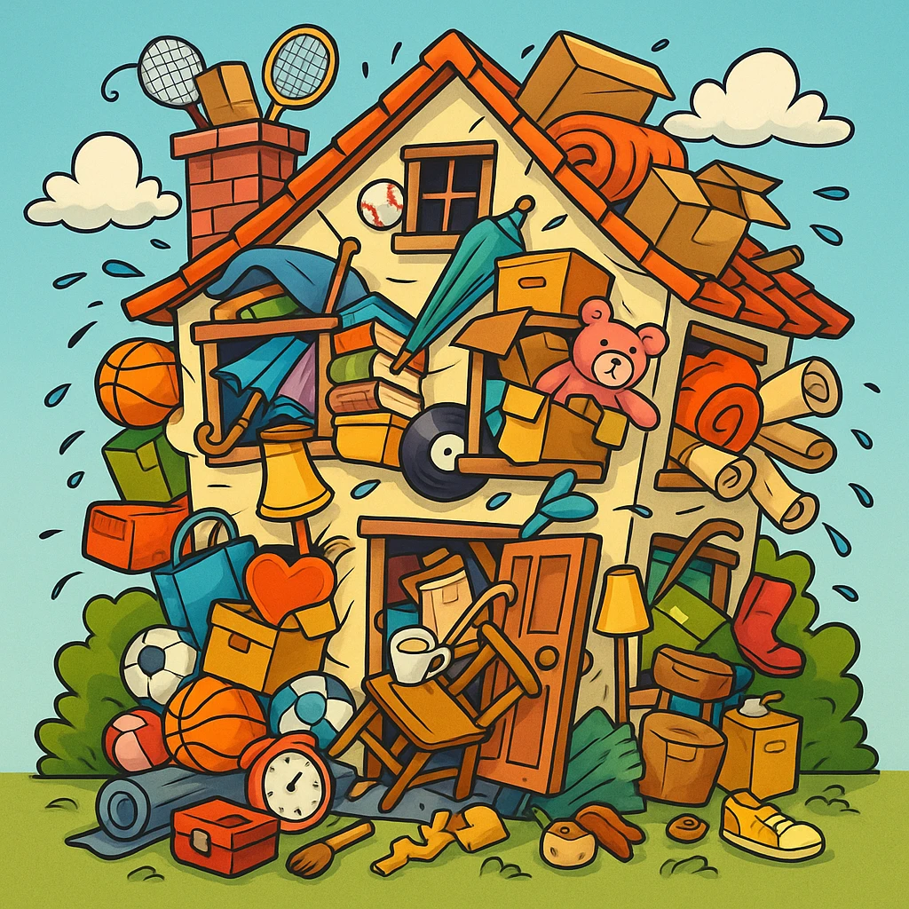 a cartoon house bursting at the seams with clutter, items spilling out of windows and doors, representing hoarding, colorful, cartoon style emoji