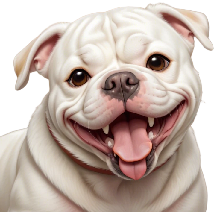 Cinematic Cute Yawning White American Bulldog Portrait Emoji, Head tilted slightly with a dramatic, wide-open yawn, short white fur with a velvety texture, floppy ears slightly drooping, round brown eyes barely open in drowsy contentment, Simplified yet irresistibly adorable features, highly detailed, glowing with a soft, cozy glow, high shine, relaxed yet expressive, stylized with a touch of whimsy, bright and endearing, soft glowing outline, capturing the essence of a sleepy yet affectionate pup, so drowsy it feels like it could stretch right out of the screen and curl up for a nap! emoji