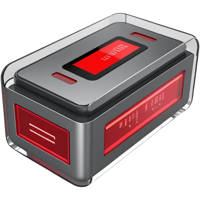 3D render of a sleek processing unit, featuring:
- Compact rectangular shape like a modern printer
- Semi-transparent red acrylic front panel
- Visible internal mechanisms through the panel
- Gray metallic casing with precise edges
- Small red pulsing lights indicating activity
- Thin red line accents along the edges
- Technical details like USB ports and status display
- Subtle mechanical details visible through vents
- Professional industrial design
- Combination of matte and glossy finishes
--ar 1:1
--style raw
--v 5.2
--no text
--q 2
--c 20 emoji