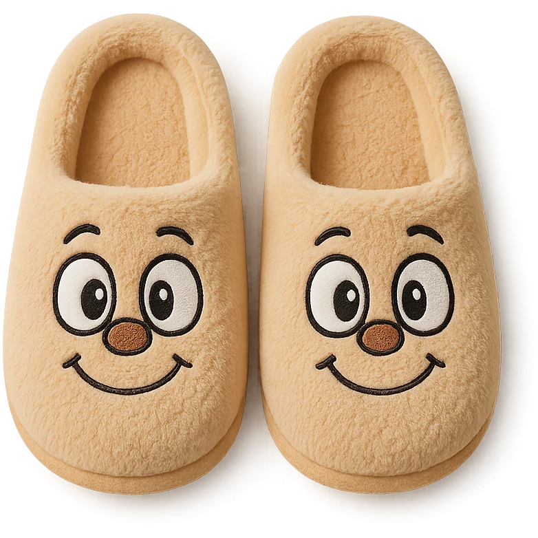 cozy slippers, cartoon face on the front emoji