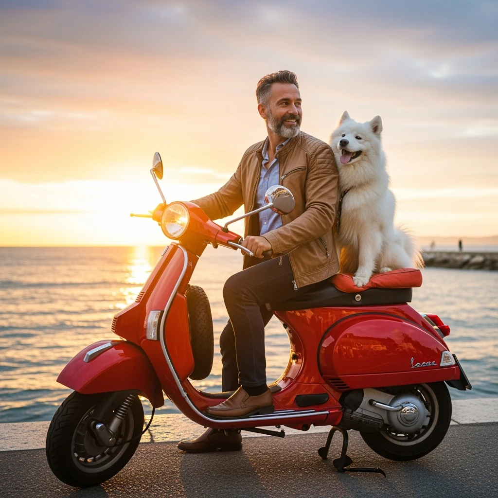 man and his pet dog riding a vespa emoji