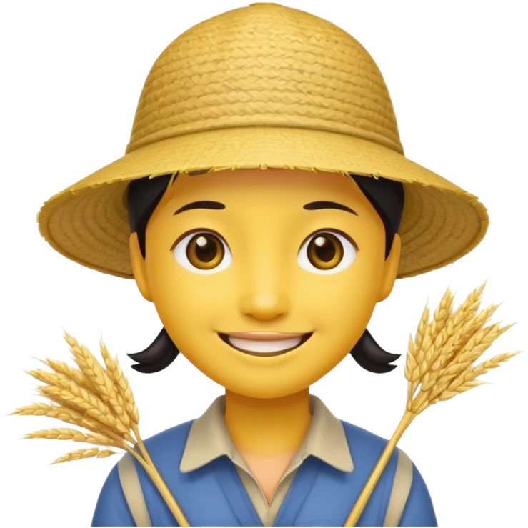 Yellow emoji smiley face with stereotypical Chinese facial features and rice farmer hat emoji