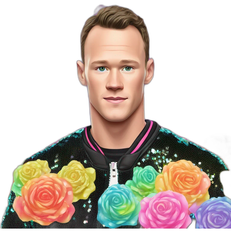 Jonathan Toews inside a rainbow sequin neon crystal with pastel roses emoji