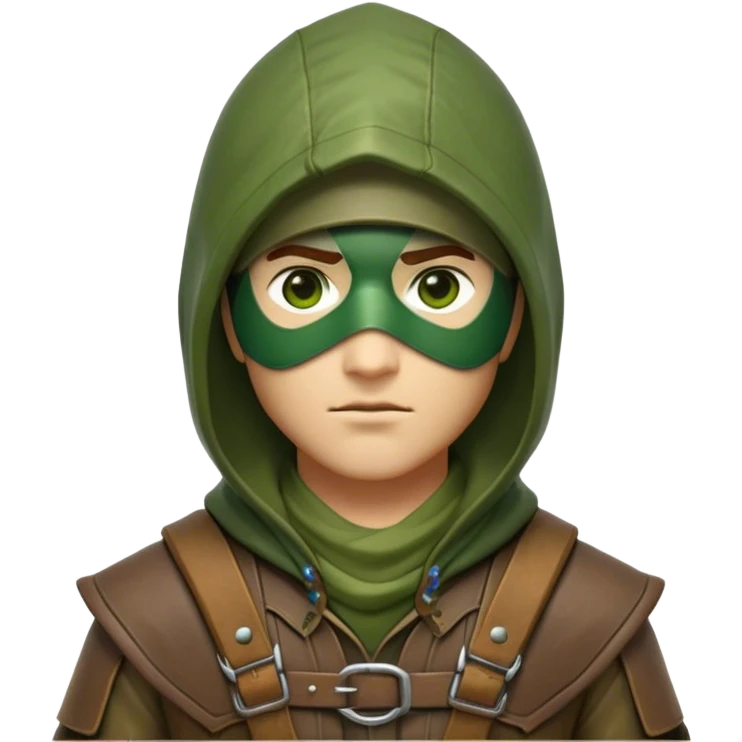 Clash of Clans aesthetic friendly Ranger Portrait Emoji, With a lean, agile build clad in earth-toned leather and green accents, a keen, focused gaze and a weathered hood shadowing determined eyes, his face rendered in a natural skin tone (not yellow), Simplified yet sharply defined features, highly detailed, glowing with a soft, natural woodland radiance, high shine, intelligent and resolute, stylized with an air of forest guardian authority, focused and alert, soft glowing outline, capturing the essence of a confident ranger ready to defend the wild with stealth and valor! emoji