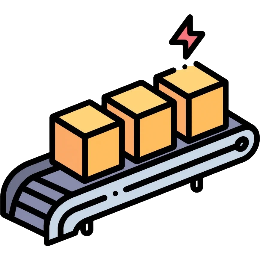 Conveyor belt system moving small cubes in sequence, automation concept emoji