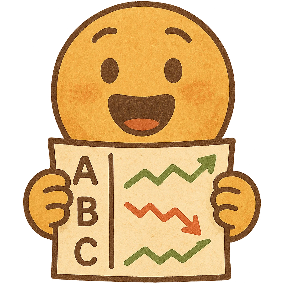 excited emoji holding stock ticker paper, flat modern style, bright saturated colors golds greens reds, minimal but expressive, universal look emoji