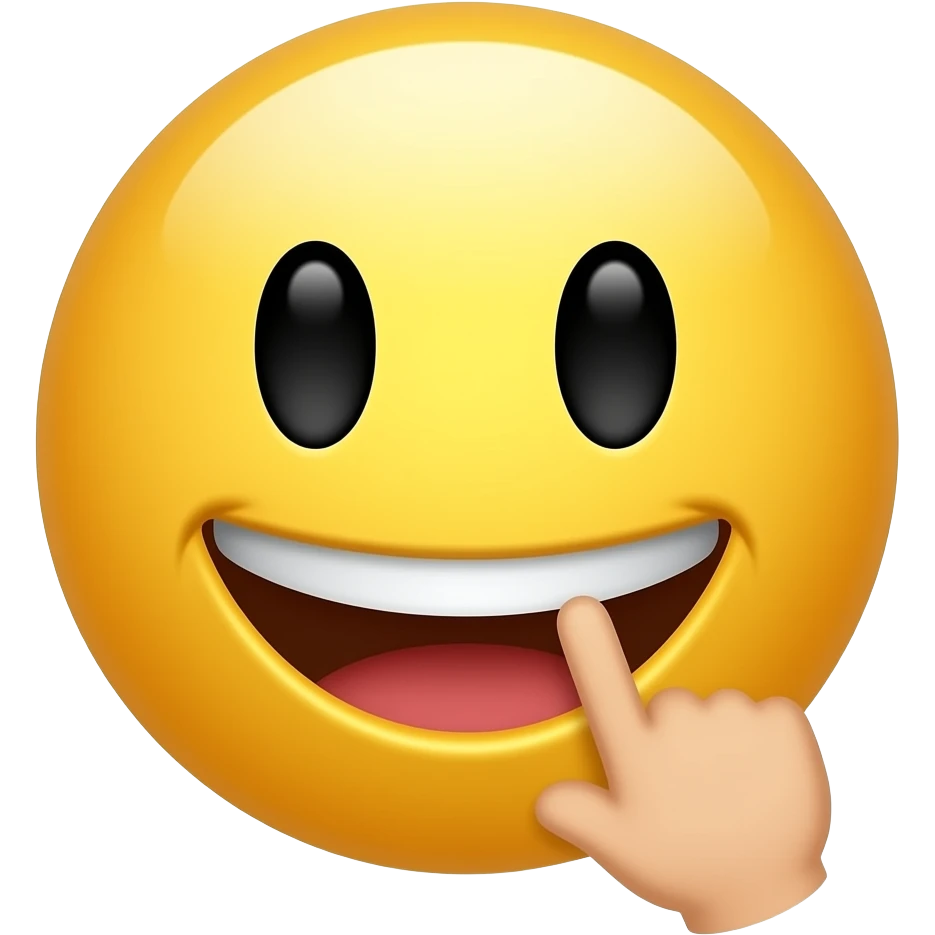 Cara feliz con un dedo en la boca emoji
