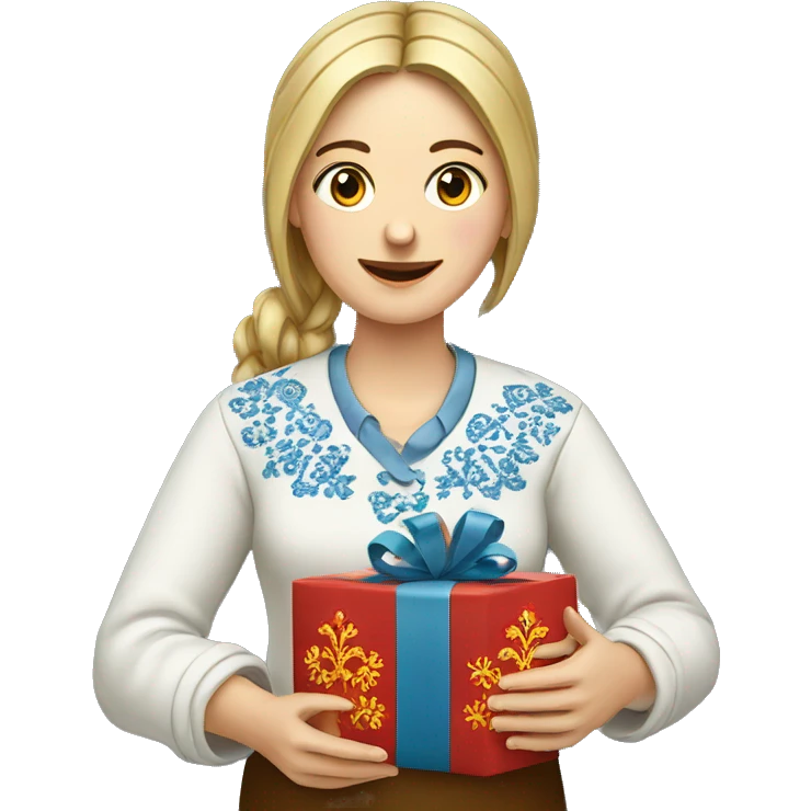 A female teacher in Ukrainian embroidery holds a gift in her hand emoji