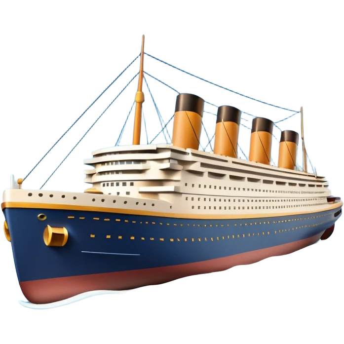A 3D emoji of a Titanic ship in Apple style, glossy and smooth surface, bright clean colors with subtle shading, simple and minimal details, no face or expressions, floating on calm ocean, soft shadows, high-quality render, isolated on white background.


 emoji