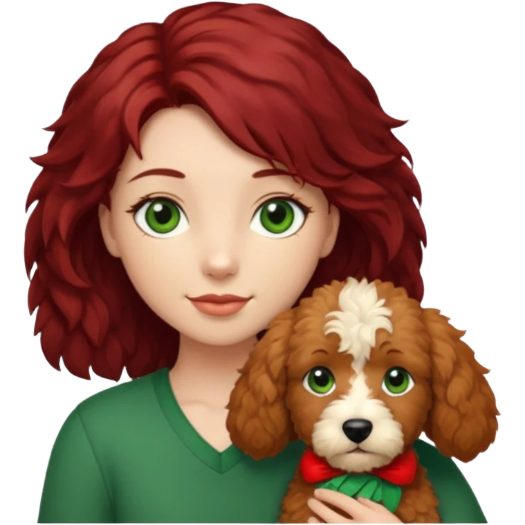 Girl with dark red hair green eyes holding a beige goldendoodle emoji