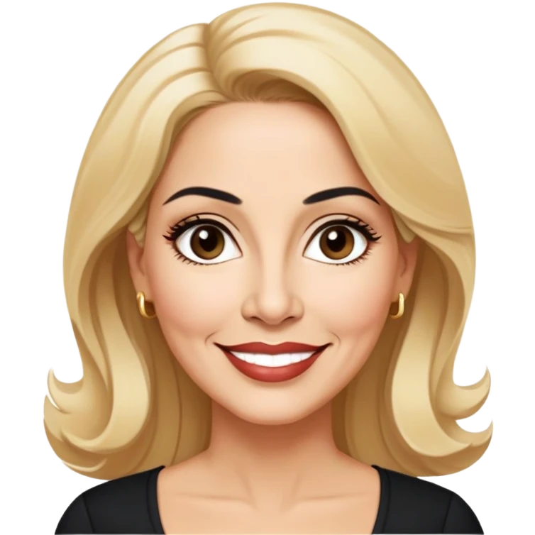 Professional portrait of Linette Torres, Puerto Rican actress in her 50s with light skin, age-appropriate features, charismatic expression, bright eyes, beautifully shaped eyebrows, charming smile, elegant blonde hair, wearing a classic black top emoji