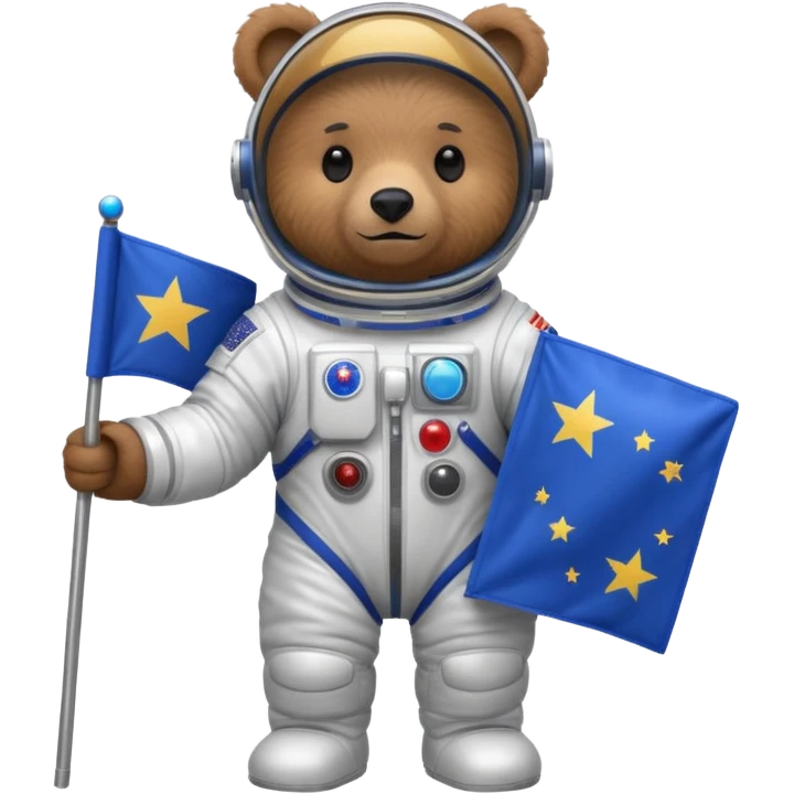 Brown bear in space suit, holding blue rectangle flag emoji