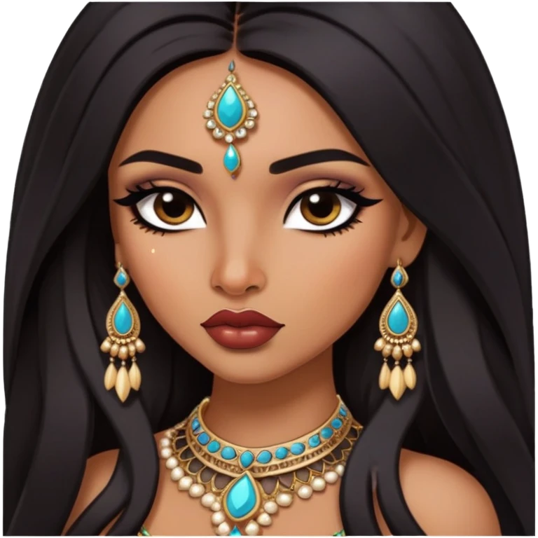 Indian nose, pretty lips, indian jewelry, long dark hair, medium skin, pretty bratz baddie, black eyeliner,  emoji