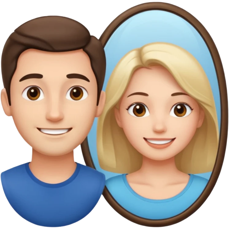 Woman in front. Man in mirror. They look similiar and look at each other emoji
