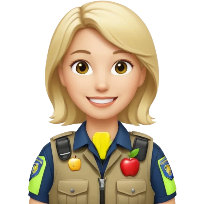 white female cop, khaki tactical vest, apple emoji style, friendly expression emoji