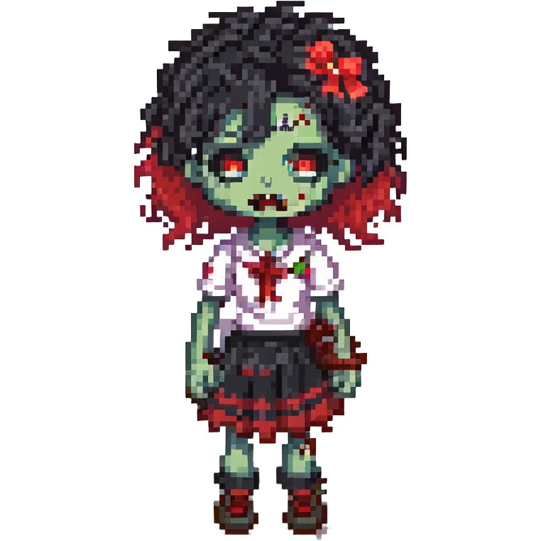 cute pixel art style of a zombie girl with curly black hair and red streaks, cute appearance, transparent background emoji