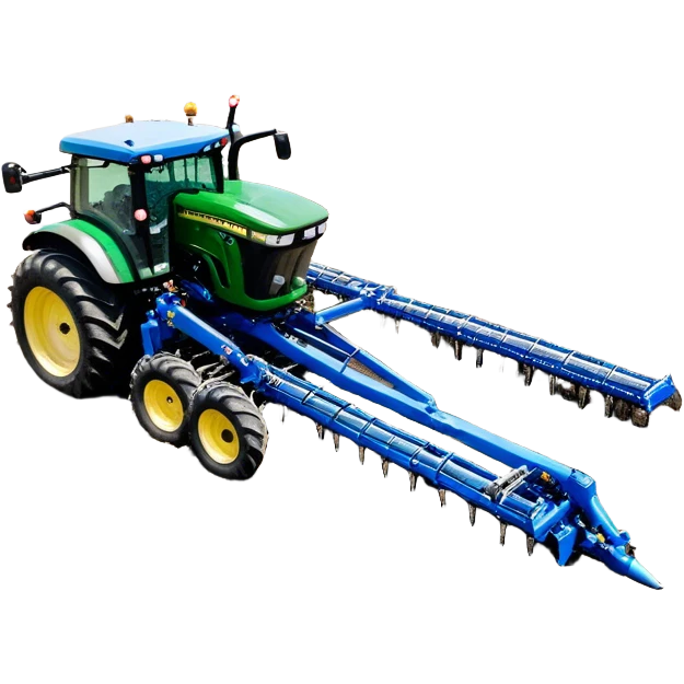 Bourgault 3420 Paralink Hoe Drill (2022) – Cinematic-realistic John Deere 6155M tractor hauling a Bourgault 3420 Paralink Hoe Drill, its powerful green frame pulling the vast blue seeder across endless fields. The machine plants seeds with pinpoint accuracy, leaving precise rows in the rich brown soil,  emoji