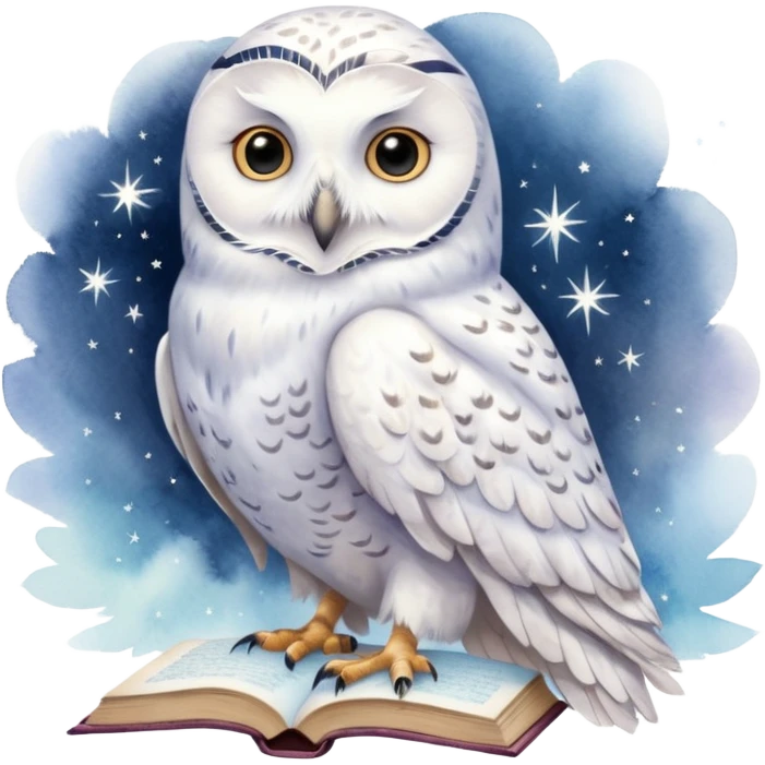 A hand-drawn fantasy illustration of Hedwig, Harry Potter’s snowy owl, with soft watercolor style, gentle pastel tones, magical sparkles in the air, cozy wizarding atmosphere, storybook illustration, high detail, whimsical and warm mood. ohne backgraund emoji