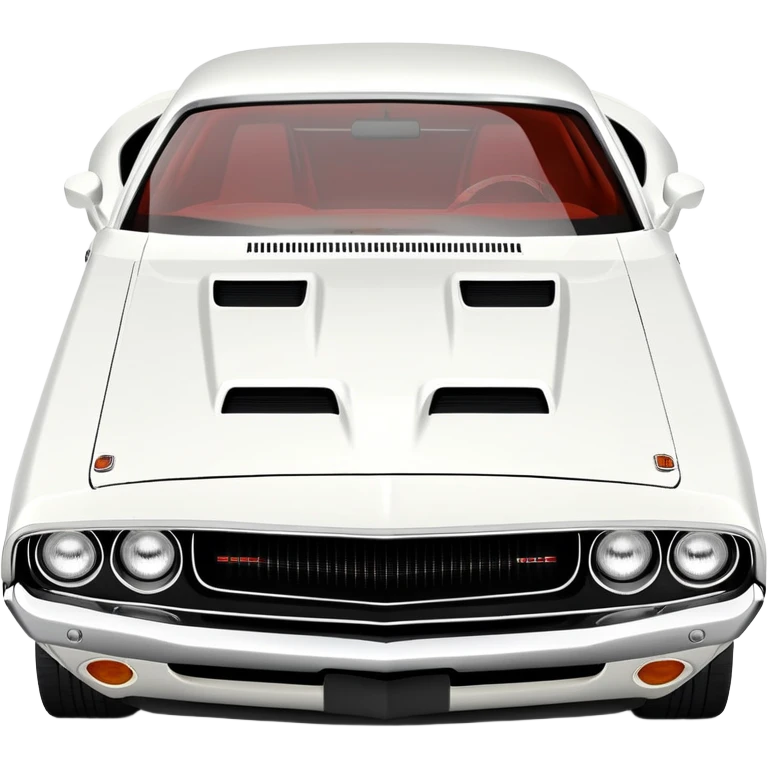 Solid white 1971 Dodge Challenger viewed from 30-degree angle, showcasing front grille and side profile, completely white paint job, Death Proof movie car, iOS emoji style emoji