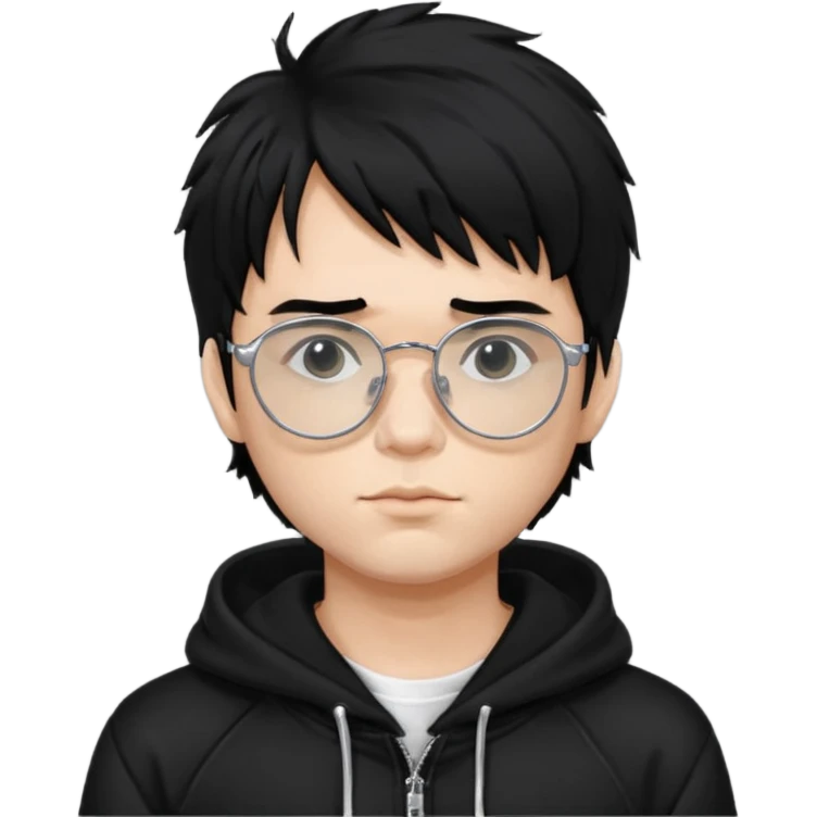 chrome hearts glasses,man, black hair,white,normal,fluffy fringe,black hoodie emoji
