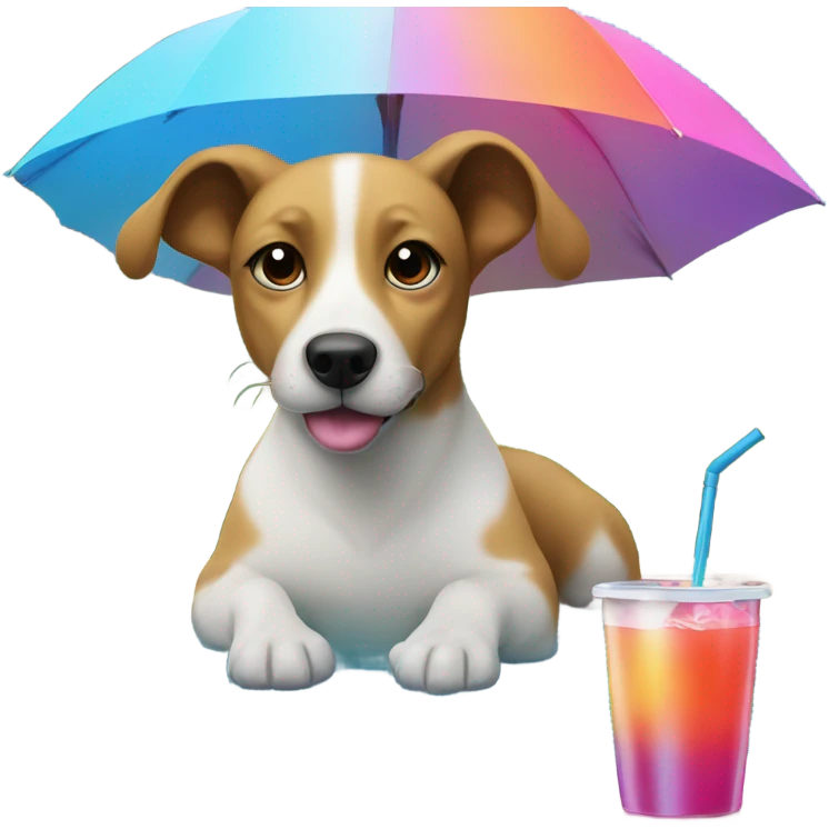 Dog sitting by the pool with an umbrella and a drink ￼ emoji