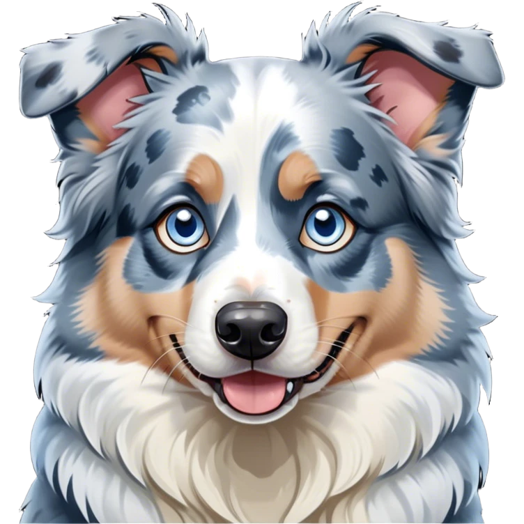 Cinematic Comical Blue Merle and White Australian Shepherd Portrait Emoji, Head tilted dramatically with an exaggeratedly shocked or offended expression, short blue merle fur with striking white patches, wide, expressive blue eyes filled with exaggerated disbelief, Simplified yet hilariously expressive features, highly detailed, glowing with a slightly sassy glow, high shine, dramatic yet playful, stylized with an air of attitude, bright and endearing, soft glowing outline, capturing the essence of a sassy and over-the-top pup, so meme-worthy it feels like it could side-eye its way into internet fame instantly! emoji