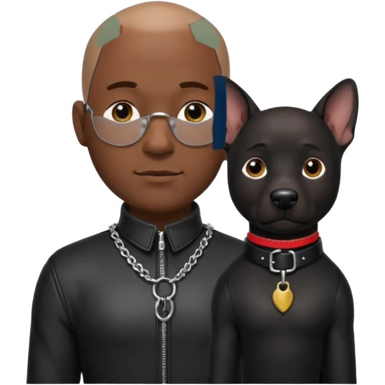 Please create a male character who is dark, bald and hardspm. He is tall well proportioned. He is wearing leather and has a leather dog collar around his neck emoji