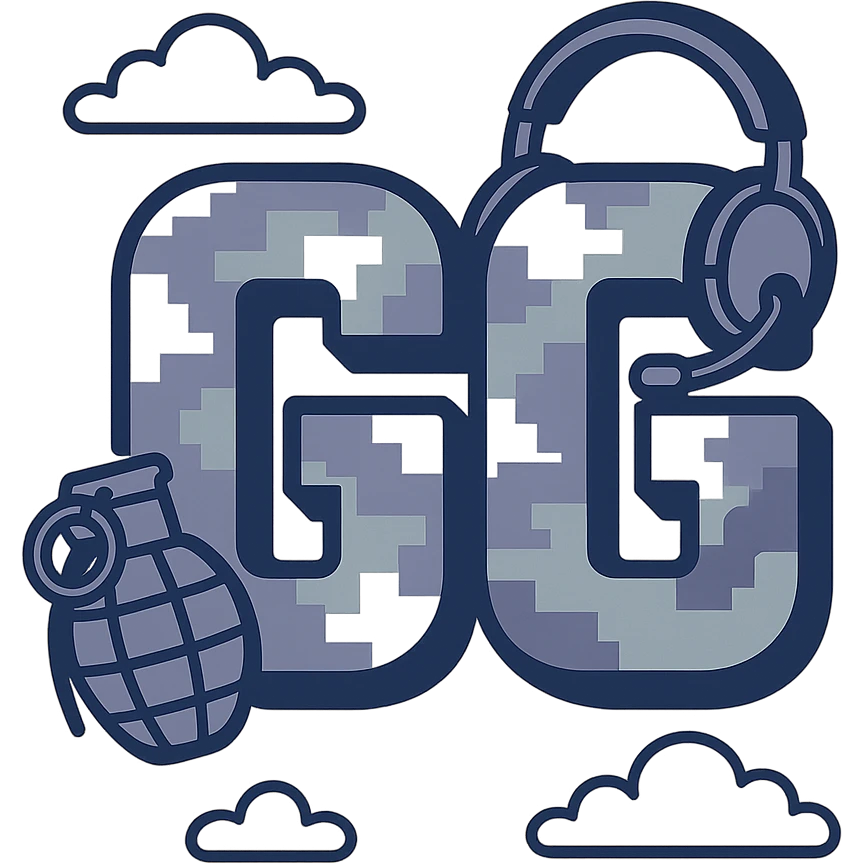 "GG" emote with Call of Duty theme featuring blocky text, digital camo overlay, small grenade or headset accent, intense and fun emoji