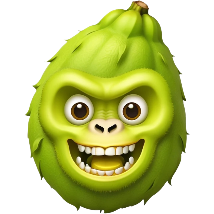 A peeled banana body with a lime green gorilla head showing teeth and expressive eyes emoji