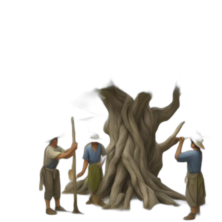 Hyperrealist olive tree and andalusian farmers with a stick emoji