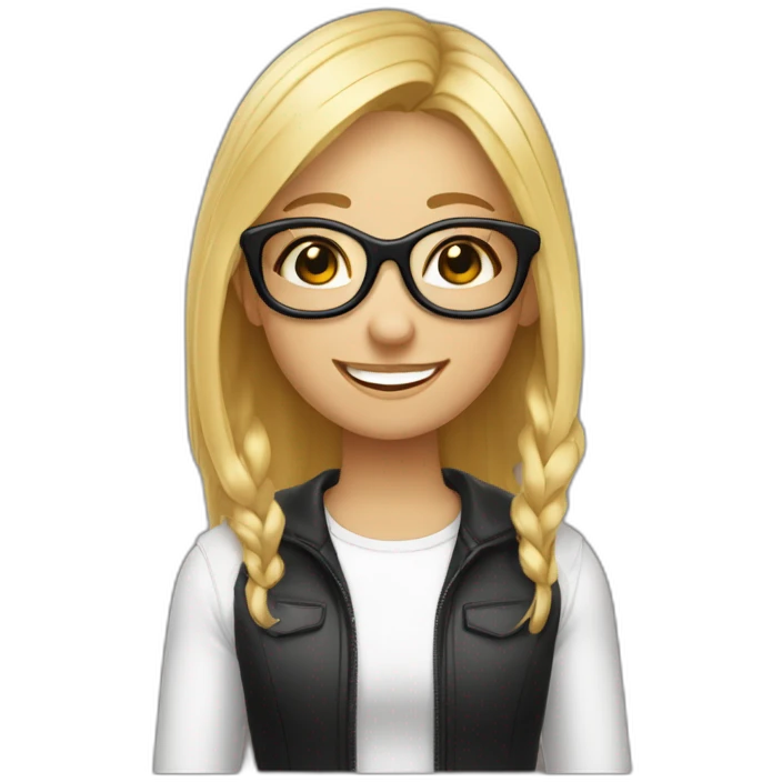 Une fille tismey avec des lunettes noires, des cheveux blonds et les dents blanches avec un sourire  emoji