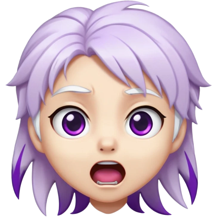 Chibi Sable Ward with shocked expression, wide purple eyes, mouth in an O shape, white hair with purple streaks, surprised look emoji
