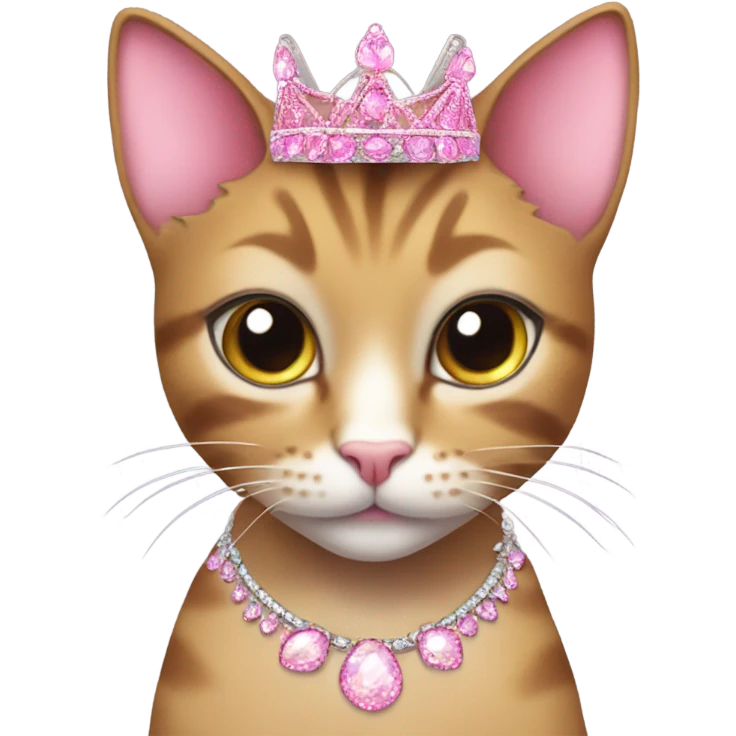 Tabby cat, big eyelashes and a pink tiara, glittery pink claws, glittery jewelry and earrings emoji