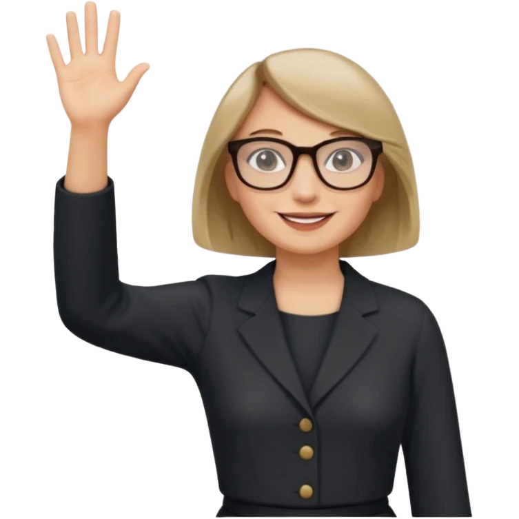 woman dark blonde petite bob haircut wears dark squarish glasses, classic clothes, smiling, waving, a tad older emoji
