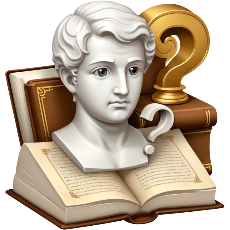 An icon featuring a classical bust, a book, and a question mark, symbolizing philosophy. The design includes a scroll with ancient text, evoking deep thought and intellectual inquiry. Transparent background highlights the search for knowledge and meaning emoji