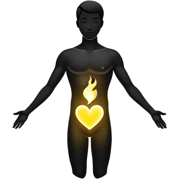 minimalist b&w male silhouette with flowing black-and-white curves across the lower body, now overlaid with a small, softly glowing spark or radiant light near the chest or head — heart symbolizing inspiration, inner fire, and creative energy awakening” style glow yellow emoji