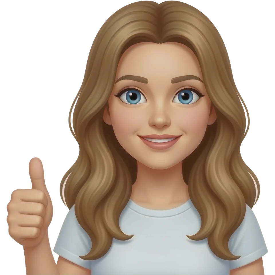 Make a female emoji giving a thumbs up with long light colored brown hair and blue eyes emoji