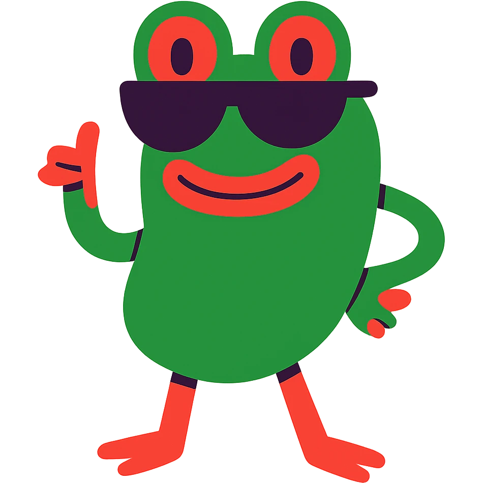 cool bean character with frog features, wearing sunglasses, confident and playful emoji