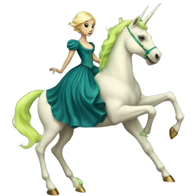 "galora green blonde alien woman" in blue Victorian dress elegant, full body, on gold unicorn emoji