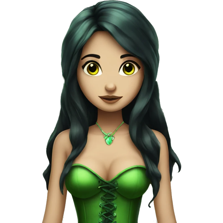 Fairy with long black hair deep green eyes green wings and green corset emoji